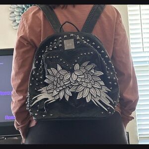 Gothic style-Studded Faux Embroidered Black Backpack with angel wings